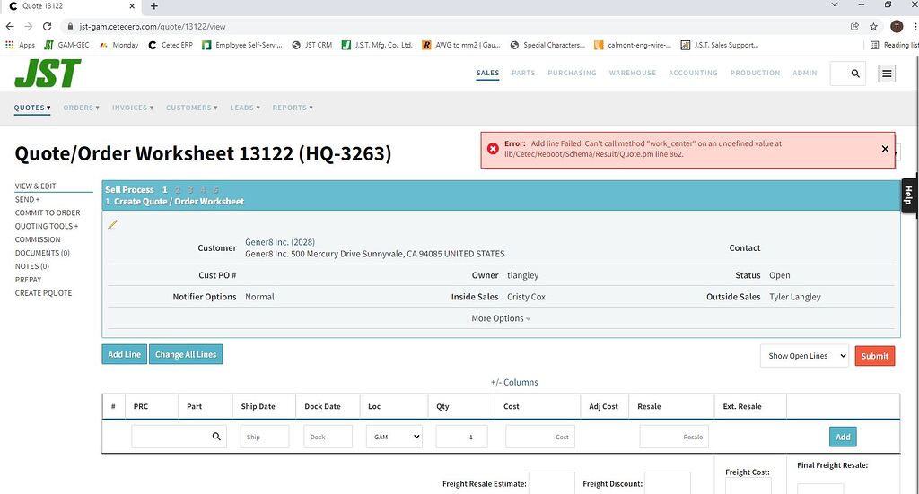 Error adding line to quote - Software Bugs / Issues - Cetec ERP